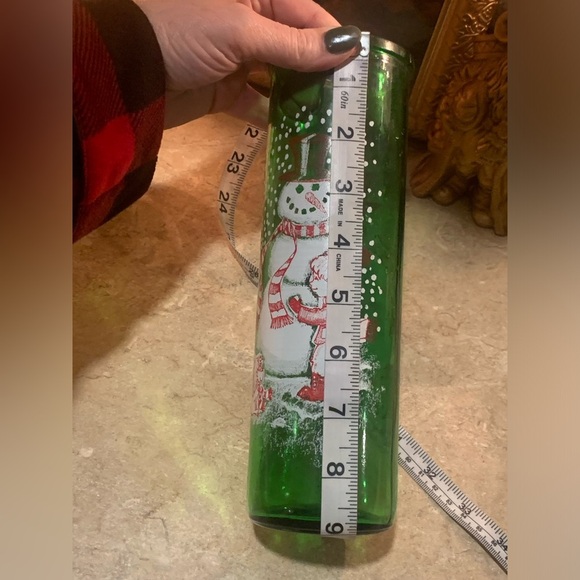 Green Glass Jar For Christmas Candle Boy Building Snowman And Dog Watching 70’s - Picture 8 of 8